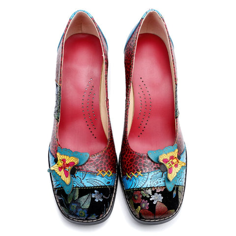 Hand Painted Leather Butterfly Chunky Heel (Elara)