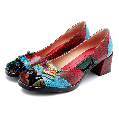 Hand Painted Leather Butterfly Chunky Heel (Elara)