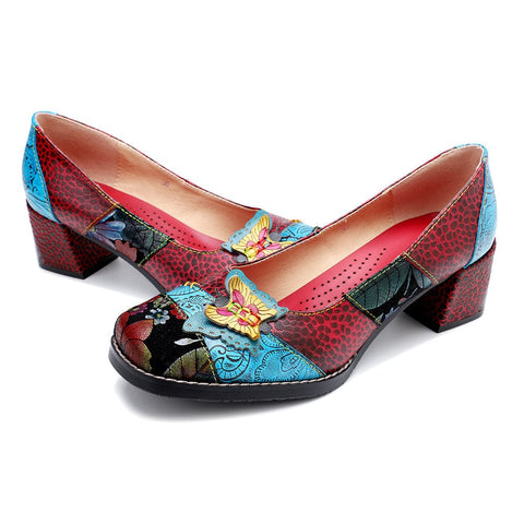 Hand Painted Leather Butterfly Chunky Heel (Elara)