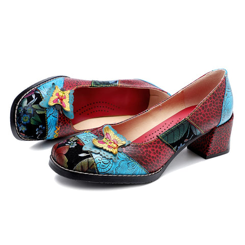 Hand Painted Leather Butterfly Chunky Heel (Elara)