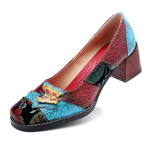 Hand Painted Leather Butterfly Chunky Heel (Elara)