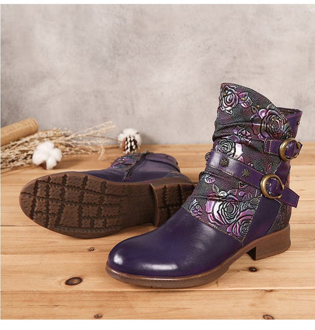 Hand-Painted Leather Side Zipper Buckle Low Heel Boots (Giselle)