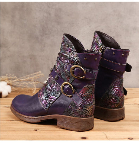 Hand-Painted Leather Side Zipper Buckle Low Heel Boots (Giselle)