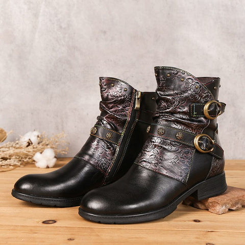 Hand-Painted Leather Side Zipper Buckle Low Heel Boots (Giselle)