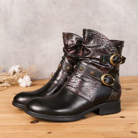 Hand-Painted Leather Side Zipper Buckle Low Heel Boots (Giselle)