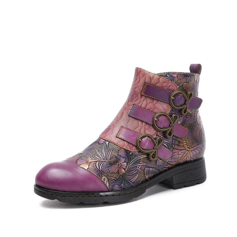 Retro Painted Buckle Flat Ankle Boots Vintage Shoes