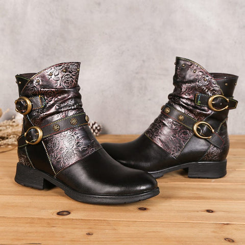 Hand-Painted Leather Side Zipper Buckle Low Heel Boots (Giselle)