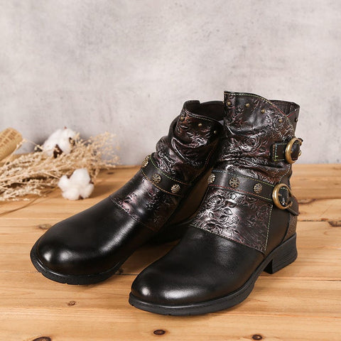 Hand-Painted Leather Side Zipper Buckle Low Heel Boots (Giselle)