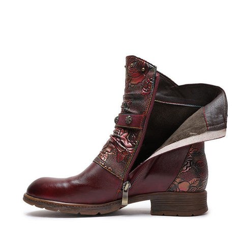 Hand-Painted Leather Side Zipper Buckle Low Heel Boots (Giselle)