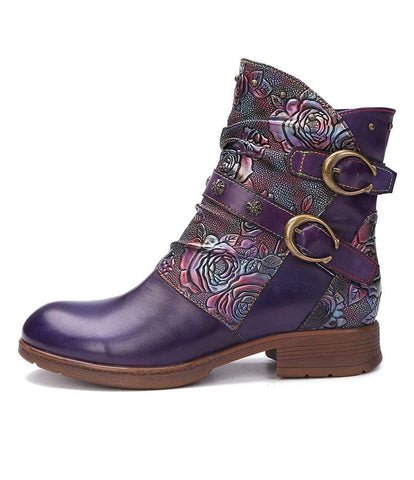 Hand-Painted Leather Side Zipper Buckle Low Heel Boots (Giselle)