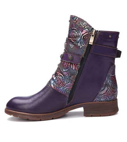 Hand-Painted Leather Side Zipper Buckle Low Heel Boots (Giselle)