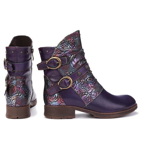 Hand-Painted Leather Side Zipper Buckle Low Heel Boots (Giselle)