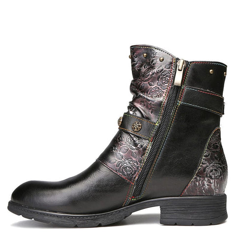 Hand-Painted Leather Side Zipper Buckle Low Heel Boots (Giselle)