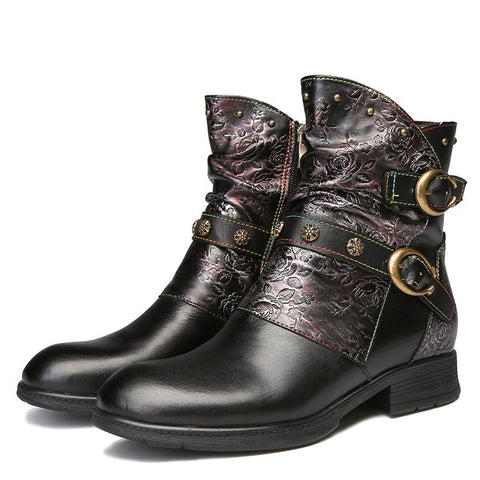 Hand-Painted Leather Side Zipper Buckle Low Heel Boots (Giselle)