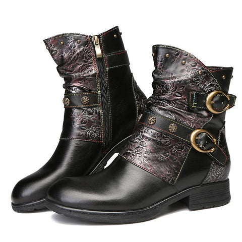 Hand-Painted Leather Side Zipper Buckle Low Heel Boots (Giselle)