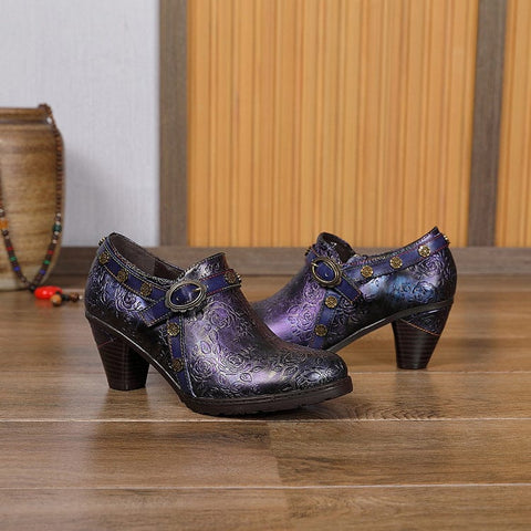 Retro Floral Embossed Round Toe Pumps