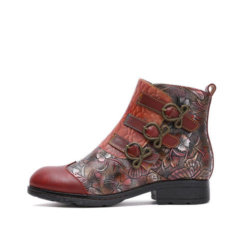 Retro Painted Buckle Flat Ankle Boots Vintage Shoes