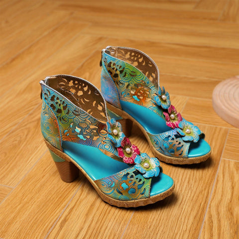 Handmade Peep Toe Hollow High Heel Sandals (Freya) + Floral