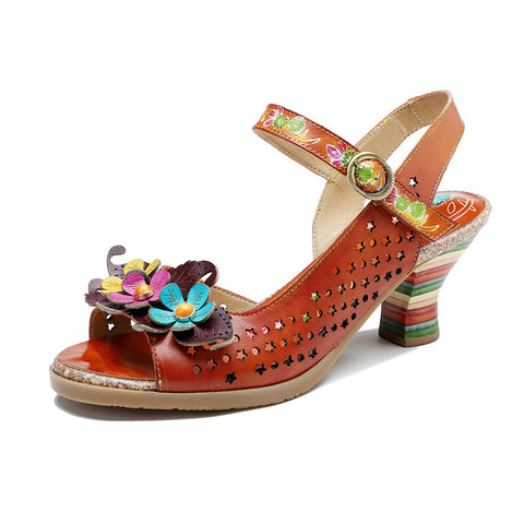 Retro Handmade Colored Stripe Heel Comfy Sandals