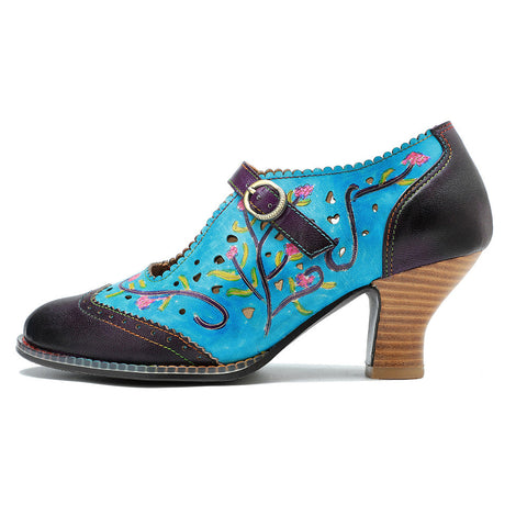 Retro Hollow Embossed Flower Leather Pumps