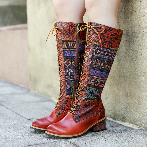 Vintage Bohemian Leather Splicing Pattern Boots