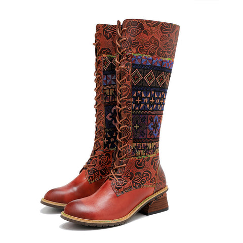 Vintage Bohemian Leather Splicing Pattern Boots