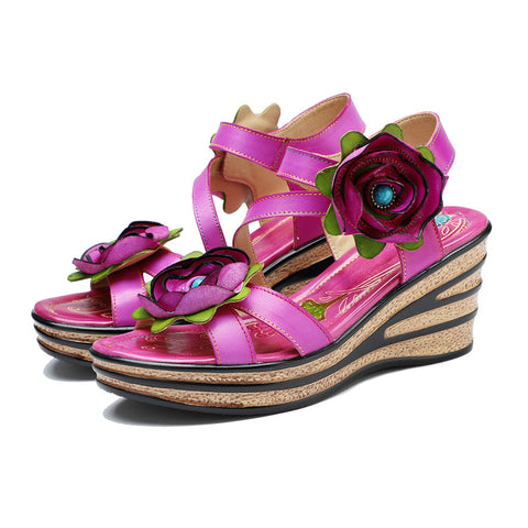 Printed Leather Handmade Romantic Rose Sandals