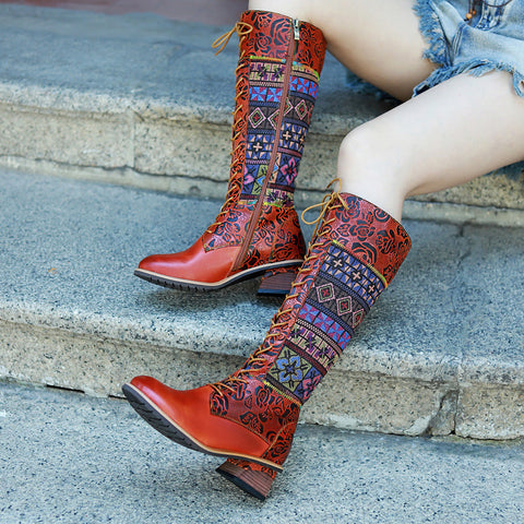 Vintage Bohemian Leather Splicing Pattern Boots