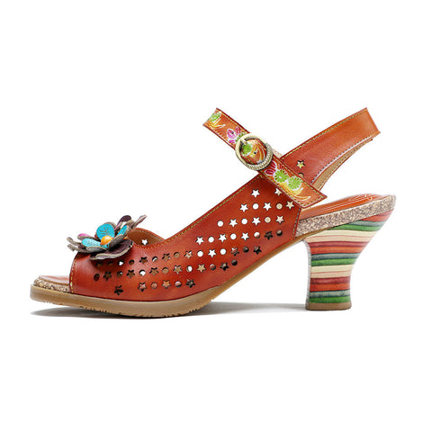 Retro Handmade Colored Stripe Heel Comfy Sandals