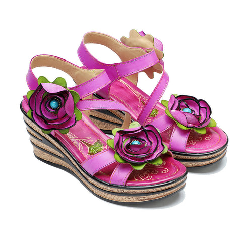 Printed Leather Handmade Romantic Rose Sandals