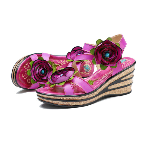 Printed Leather Handmade Romantic Rose Sandals