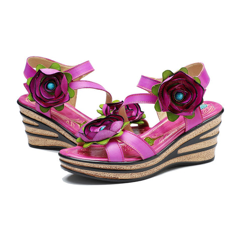 Printed Leather Handmade Romantic Rose Sandals