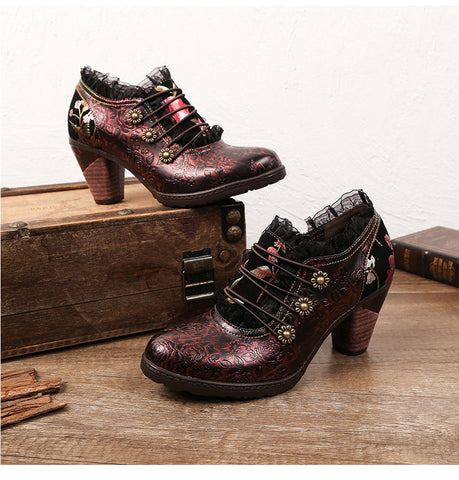 Lace Iridescent Floral Side Zipper Buckle Heel Pumps (Lilith)