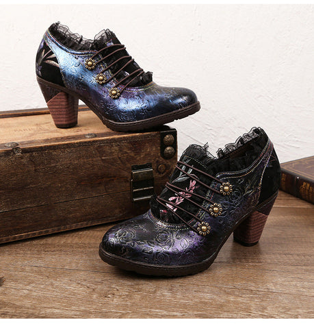 Lace Iridescent Floral Side Zipper Buckle Heel Pumps (Lilith)