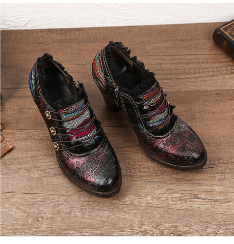 Lace Iridescent Floral Side Zipper Buckle Heel Pumps (Lilith)