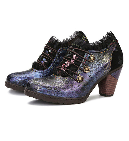 Lace Iridescent Floral Side Zipper Buckle Heel Pumps (Lilith)