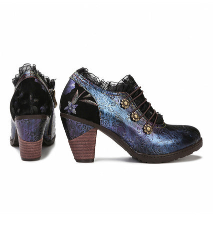 Lace Iridescent Floral Side Zipper Buckle Heel Pumps (Lilith)