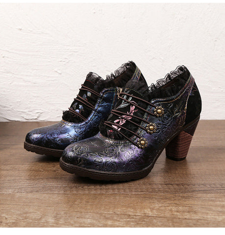 Lace Iridescent Floral Side Zipper Buckle Heel Pumps (Lilith)