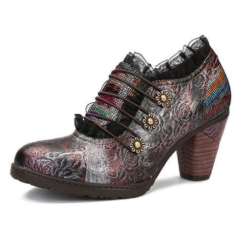 Lace Iridescent Floral Side Zipper Buckle Heel Pumps (Lilith)