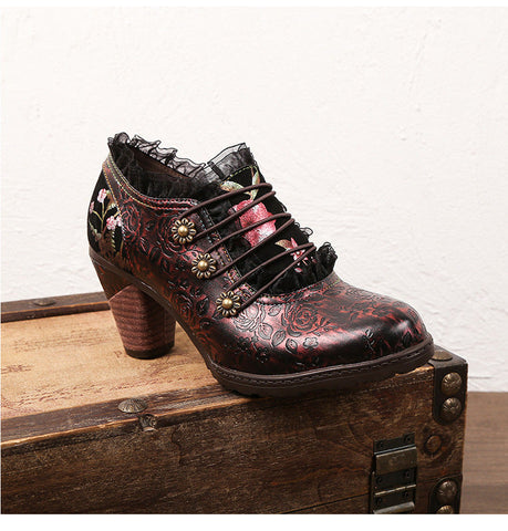 Lace Iridescent Floral Side Zipper Buckle Heel Pumps (Lilith)