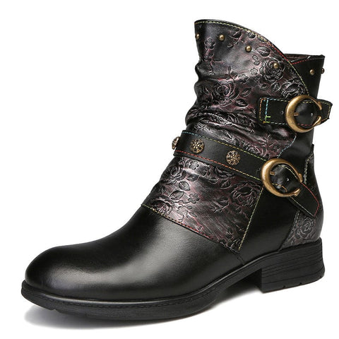 Hand-Painted Leather Side Zipper Buckle Low Heel Boots (Giselle)