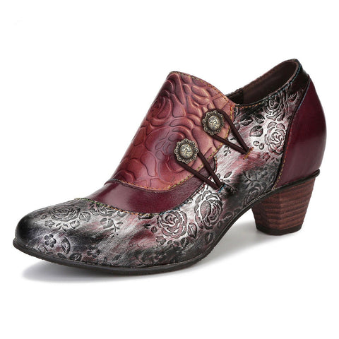 Hand Embossed Leather Low Heel Shoes