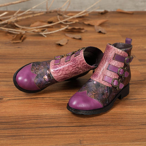 Retro Painted Buckle Flat Ankle Boots Vintage Shoes