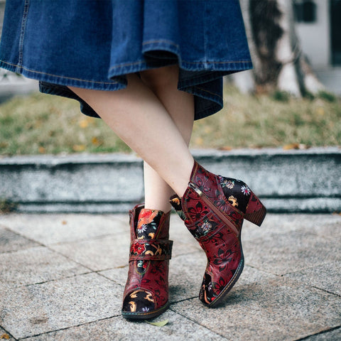 Vintage Floral Printed Leather Boots