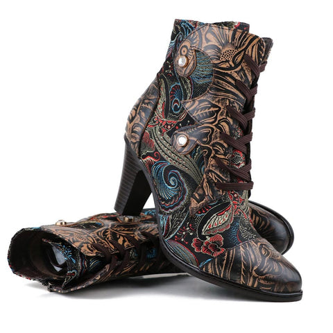 Genuine Leather Embossed Adjustable Comfy Boots