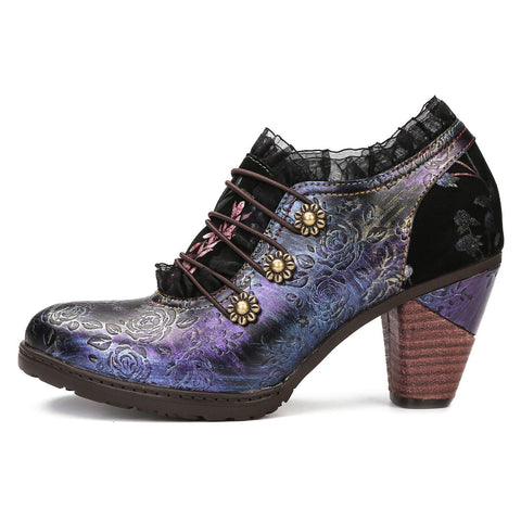 Lace Iridescent Floral Side Zipper Buckle Heel Pumps (Lilith)