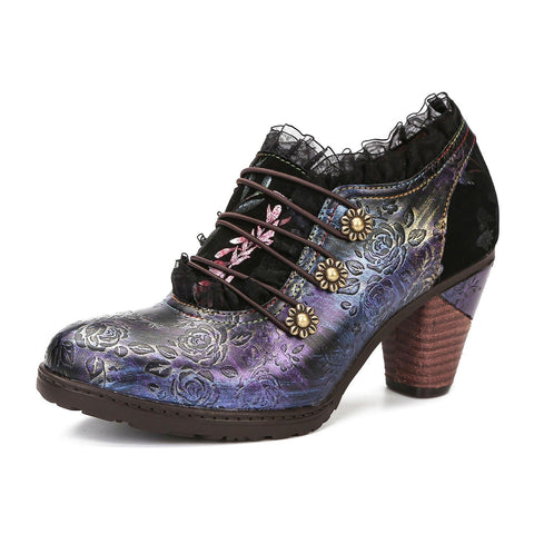 Lace Iridescent Floral Side Zipper Buckle Heel Pumps (Lilith)