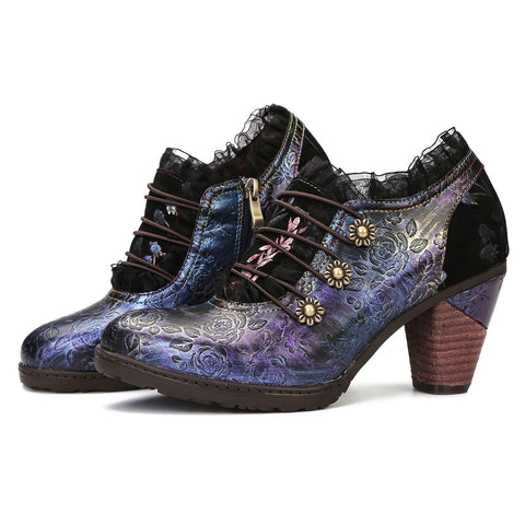 Lace Iridescent Floral Side Zipper Buckle Heel Pumps (Lilith)