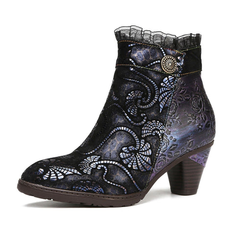 Retro Handmade Lace Floral Stitching Boots