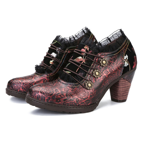 Lace Iridescent Floral Side Zipper Buckle Heel Pumps (Lilith)